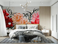 Crimson and Peach Floral Ink Wash Wall Mural
