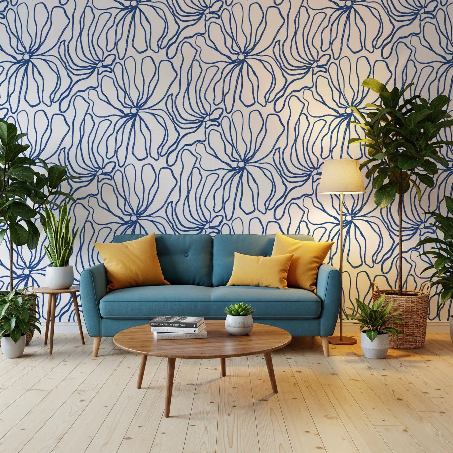 Minimalist Blue Contour Blooms Wallpaper⁠