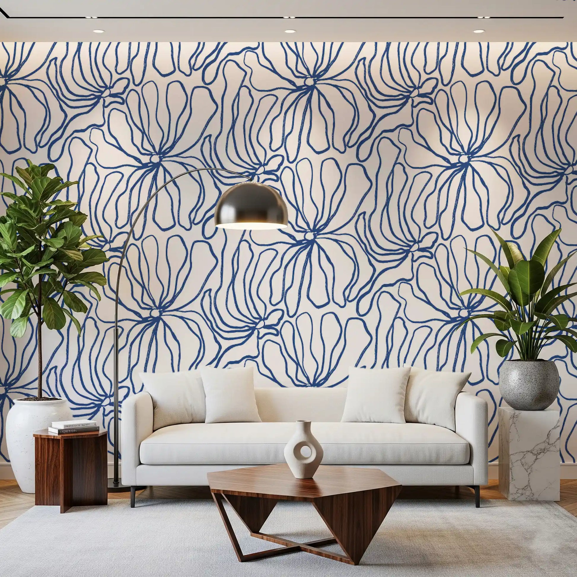 Minimalist Blue Contour Blooms Wallpaper⁠