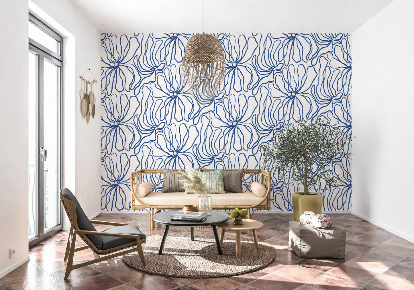 Minimalist Blue Contour Blooms Wallpaper⁠