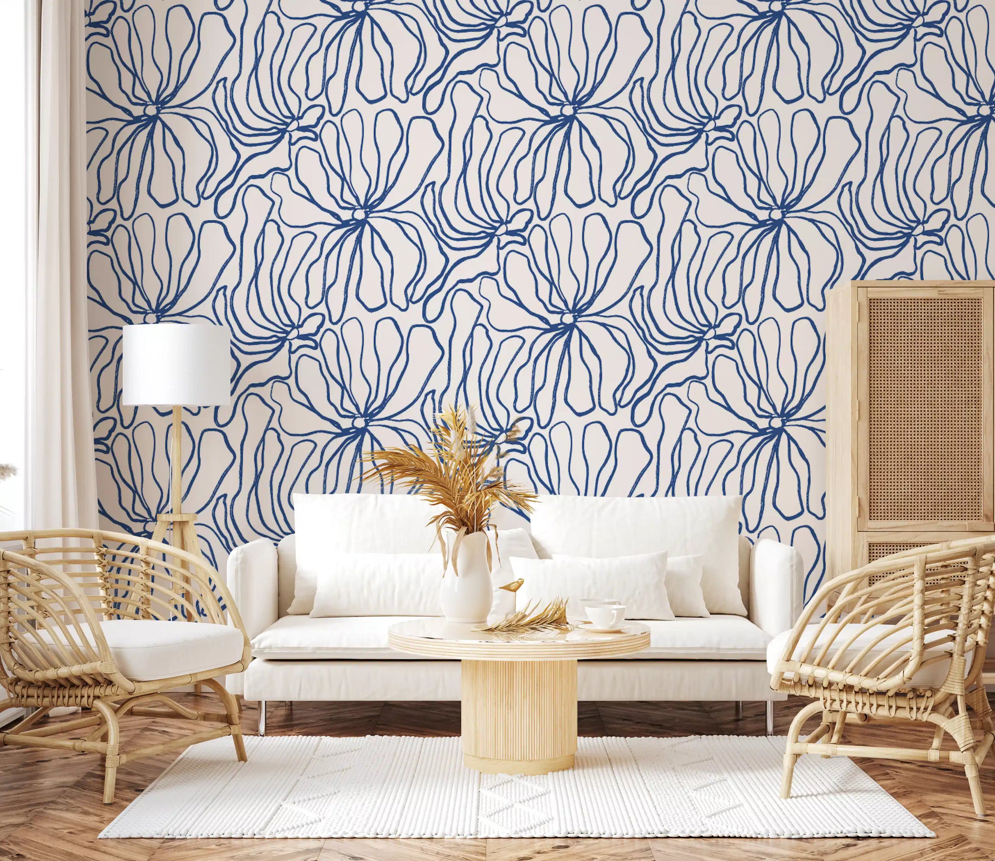Minimalist Blue Contour Blooms Wallpaper⁠