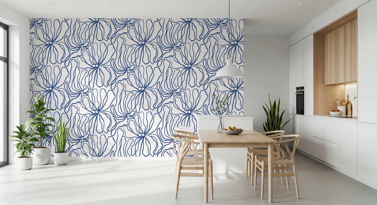 Minimalist Blue Contour Blooms Wallpaper⁠