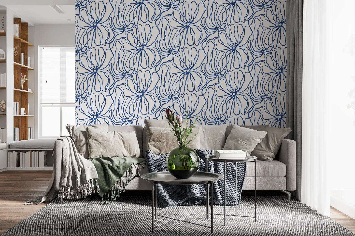 Minimalist Blue Contour Blooms Wallpaper⁠