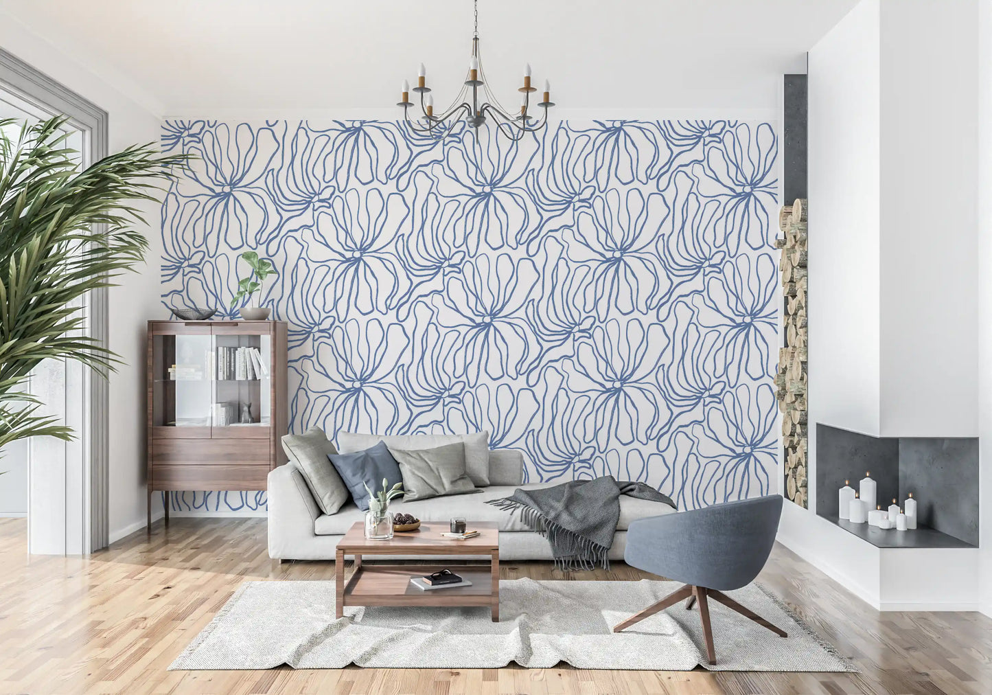 Minimalist Blue Contour Blooms Wallpaper⁠