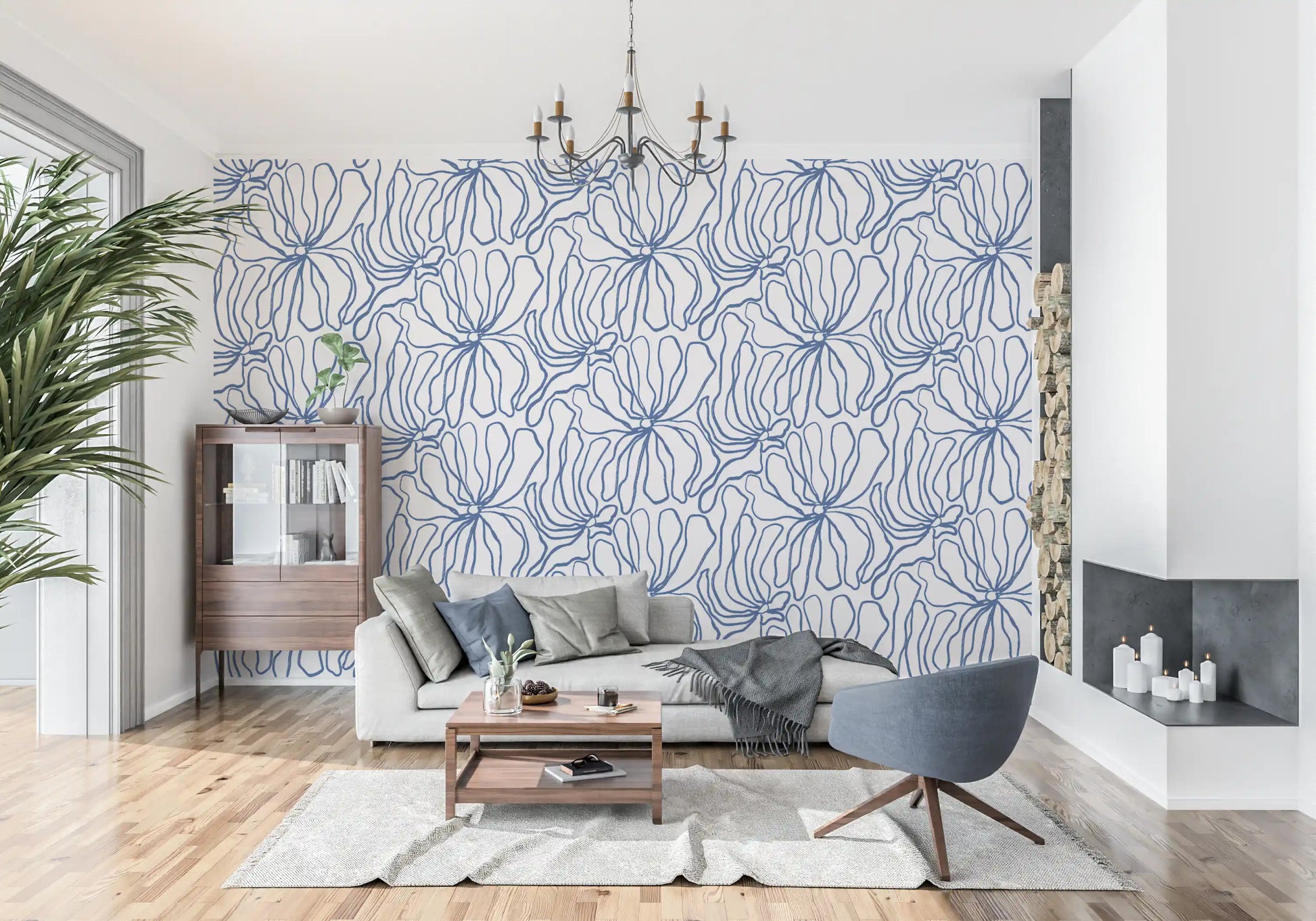 Minimalist Blue Contour Blooms Wallpaper⁠