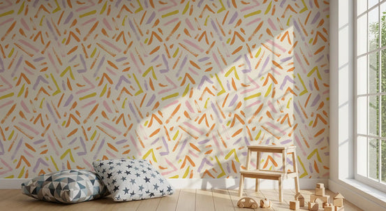 Crayon brushstroke kids wallpaper in a bright play corner with toys GD11955