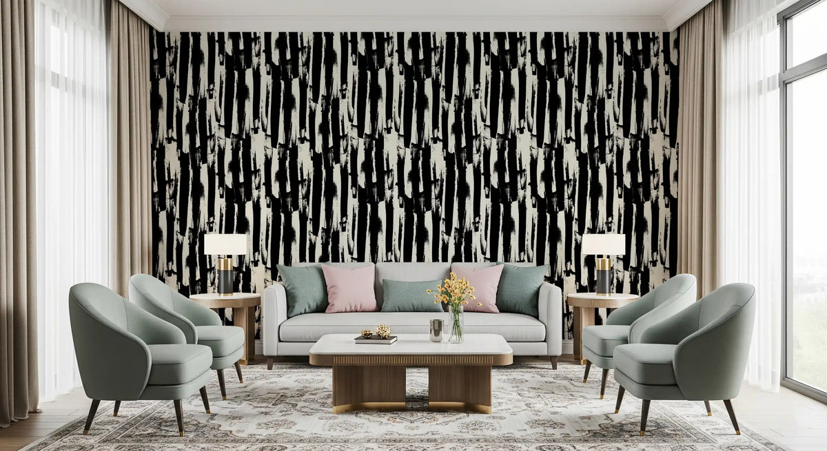 Black brushstroke stripe wallpaper in a bright living room with grey sofas GD11956