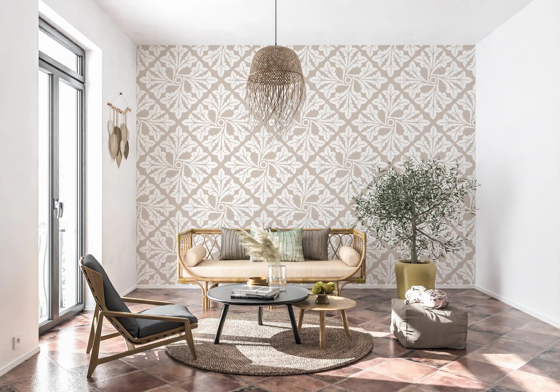 Beige Acanthus Leaf Damask Wallpaper⁠
