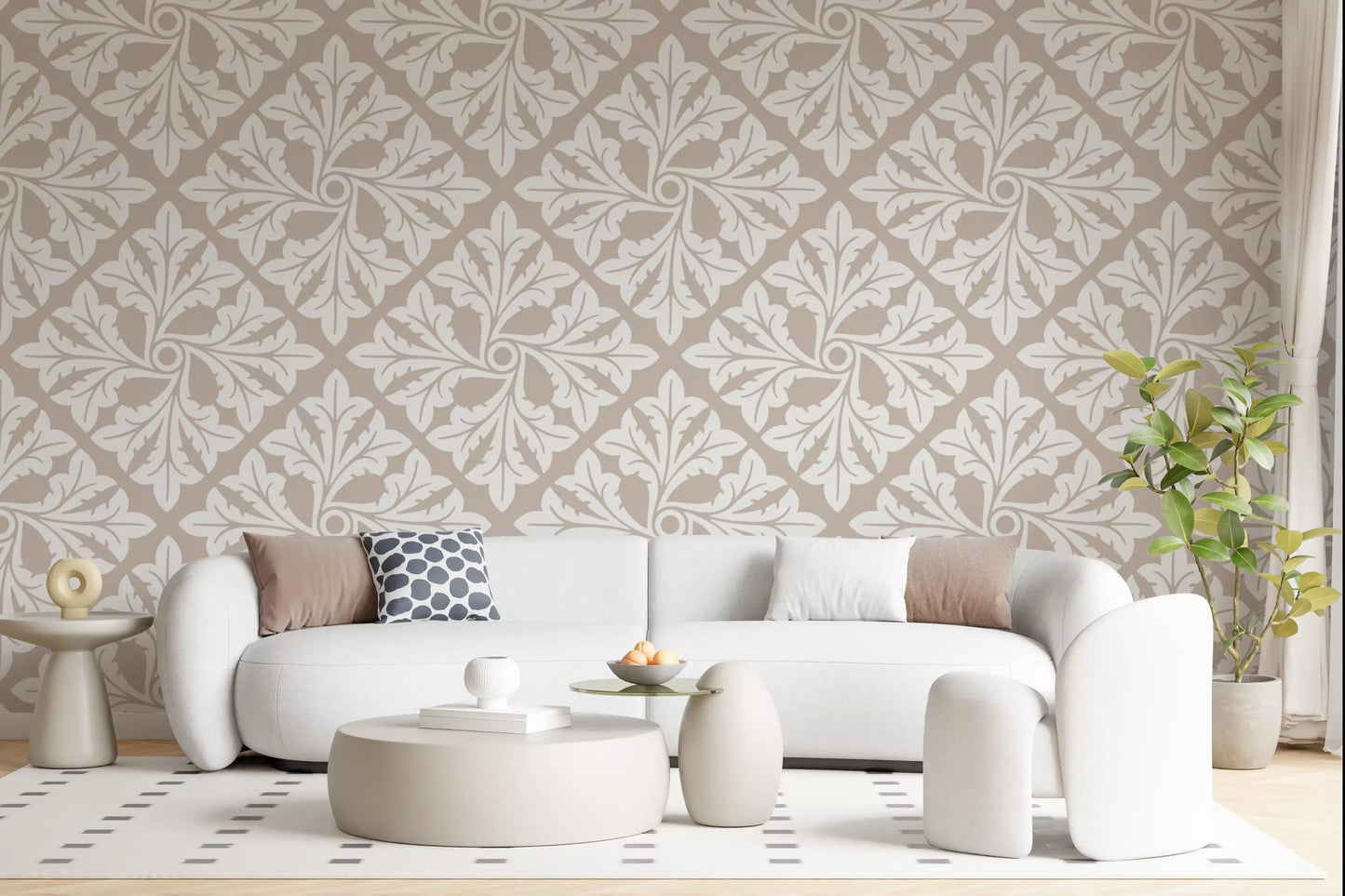 Beige Acanthus Leaf Damask Wallpaper⁠