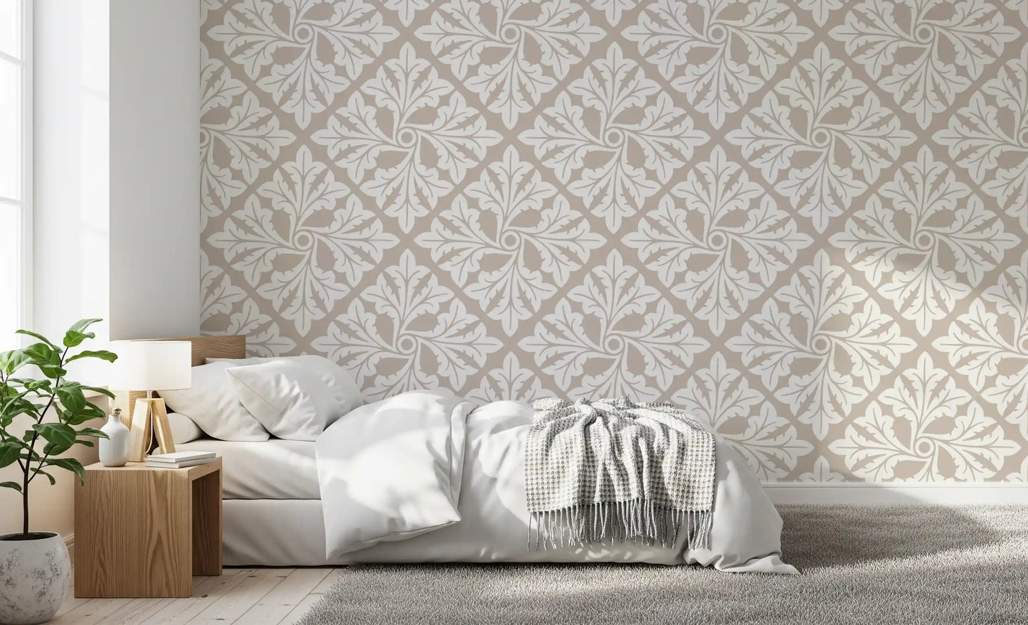 Beige Acanthus Leaf Damask Wallpaper⁠