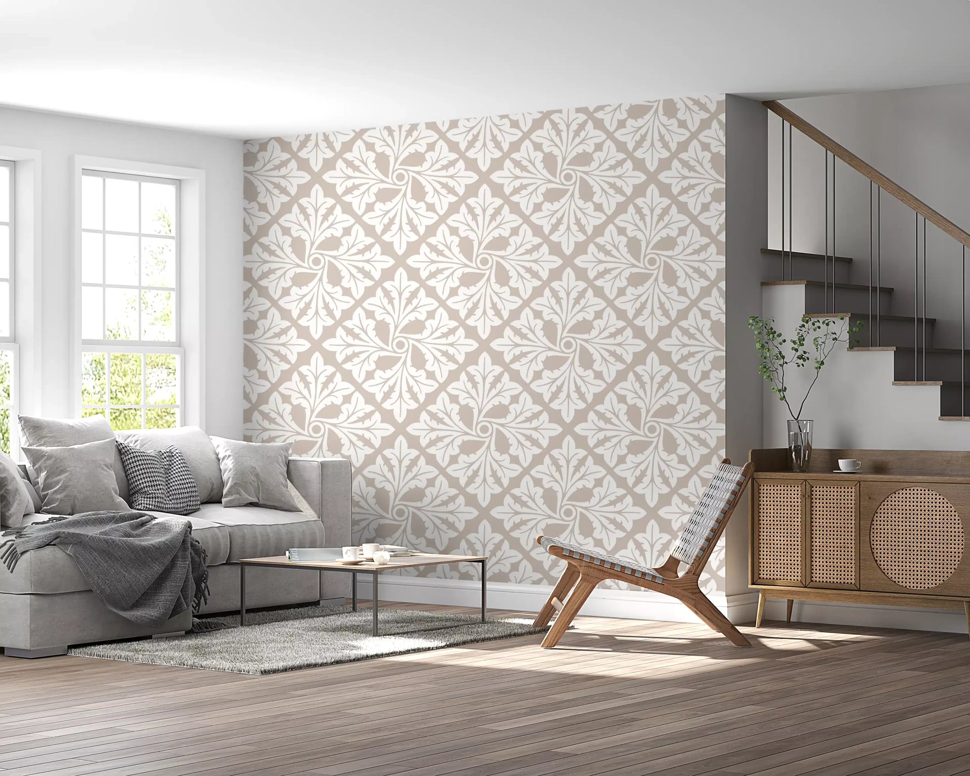 Beige Acanthus Leaf Damask Wallpaper⁠