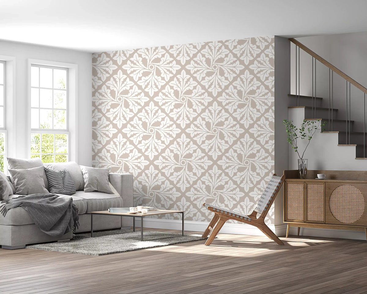 Beige damask leaf wallpaper in a living room with a grey sofa and a staircase GD11963