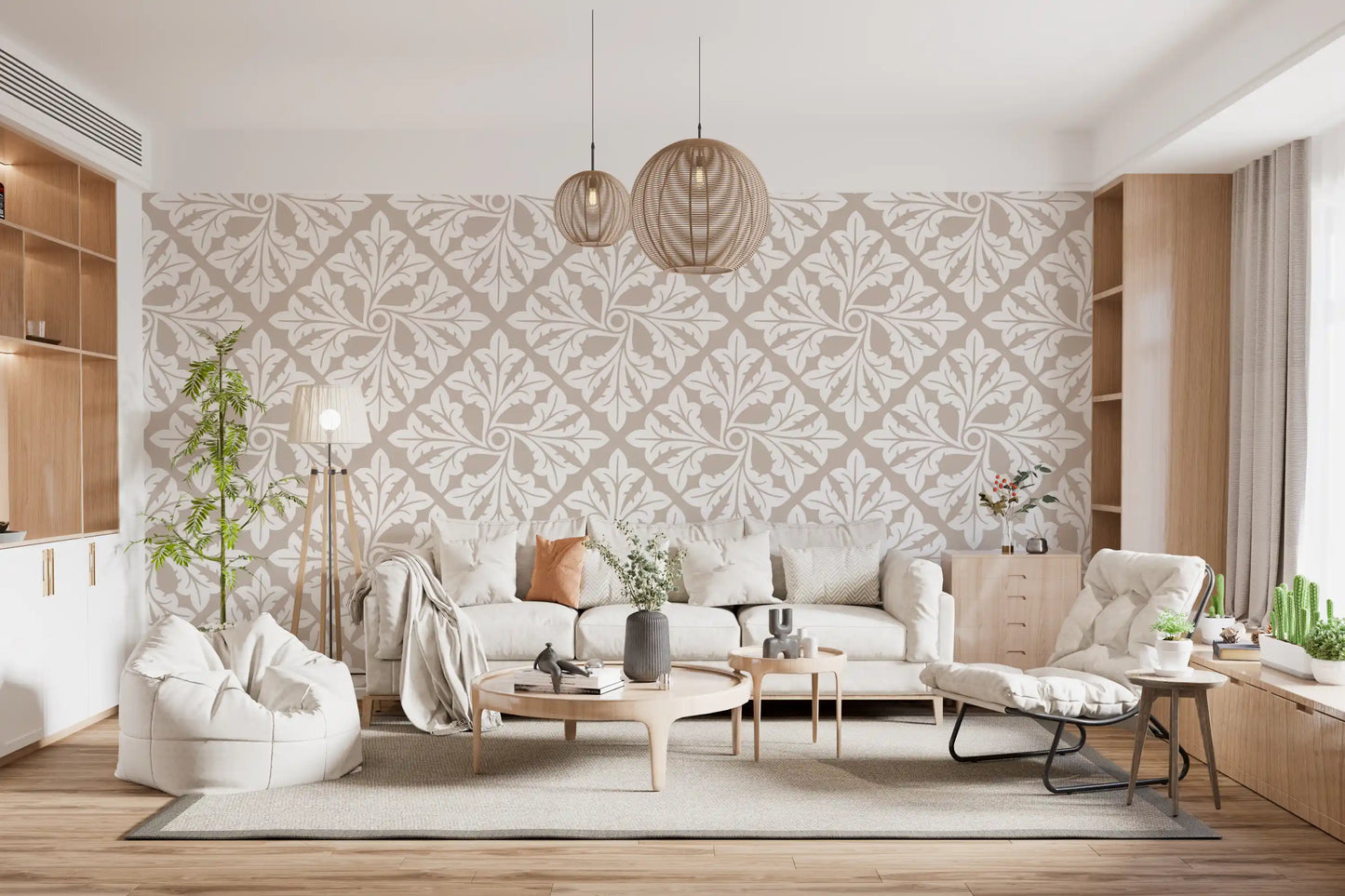 Beige Acanthus Leaf Damask Wallpaper⁠