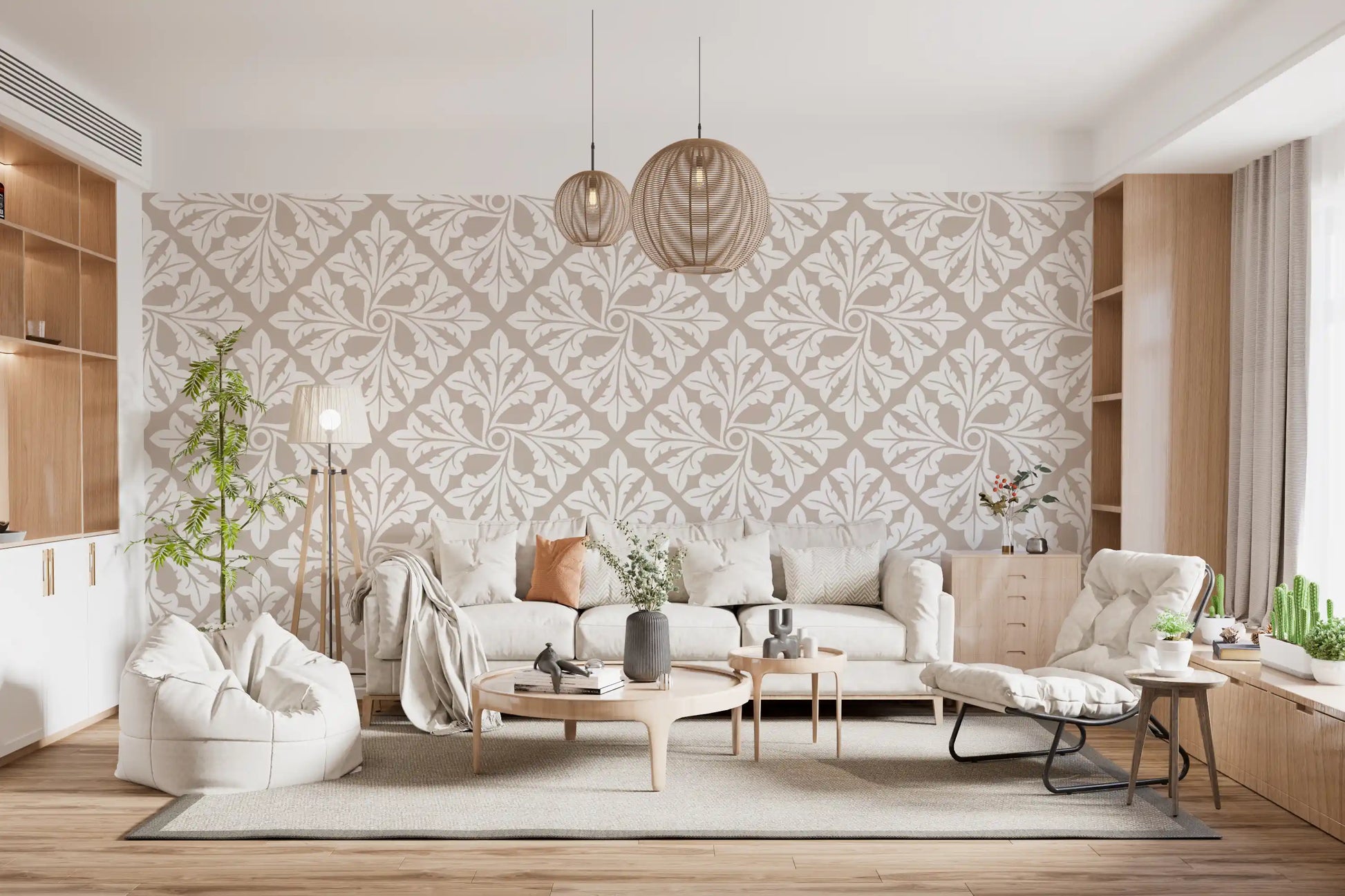 Beige Acanthus Leaf Damask Wallpaper⁠
