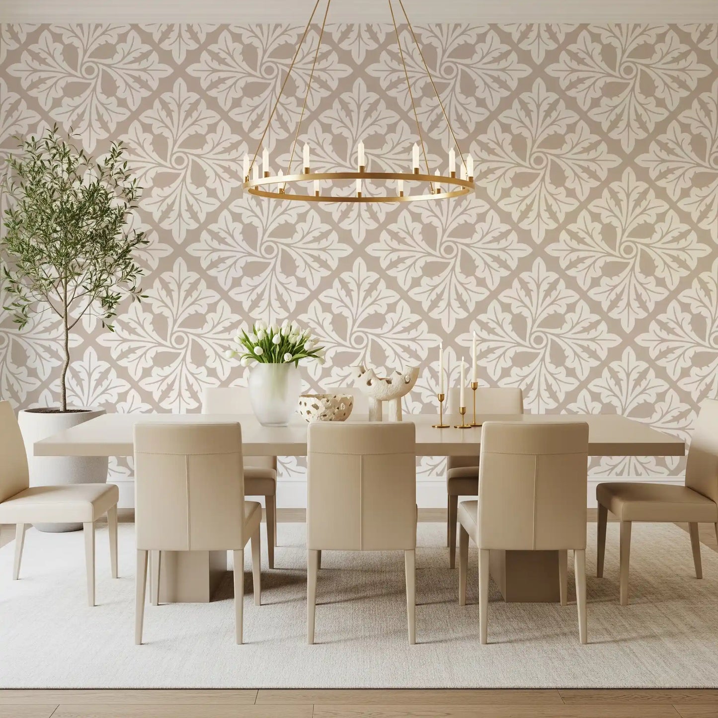 Beige Acanthus Leaf Damask Wallpaper⁠