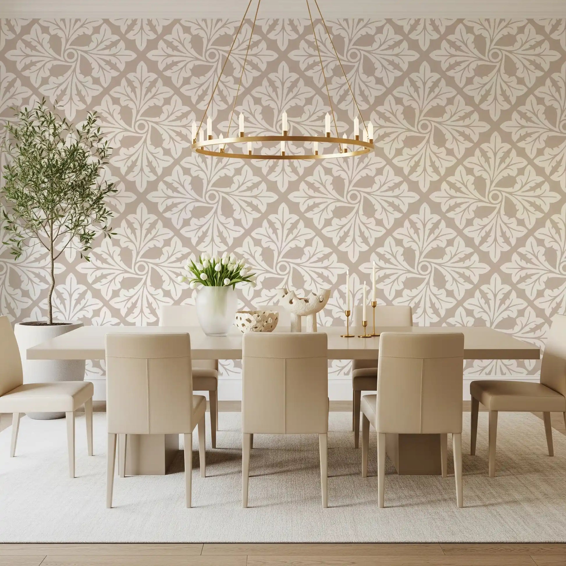 Beige Acanthus Leaf Damask Wallpaper⁠