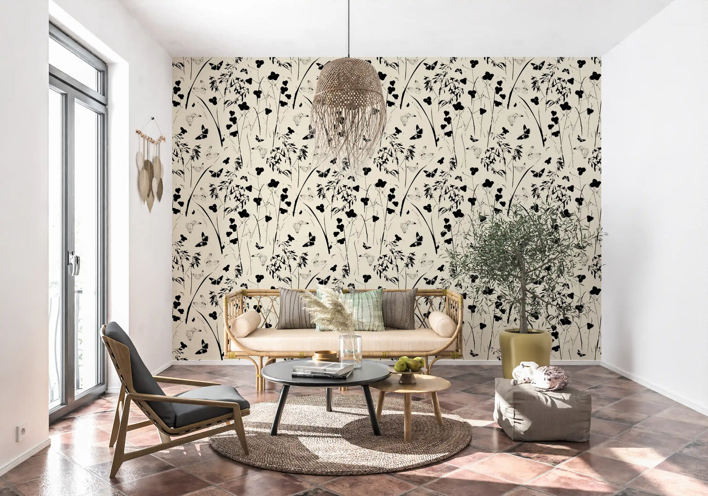 Silhouette Meadow and Butterfly Print Wallpaper⁠