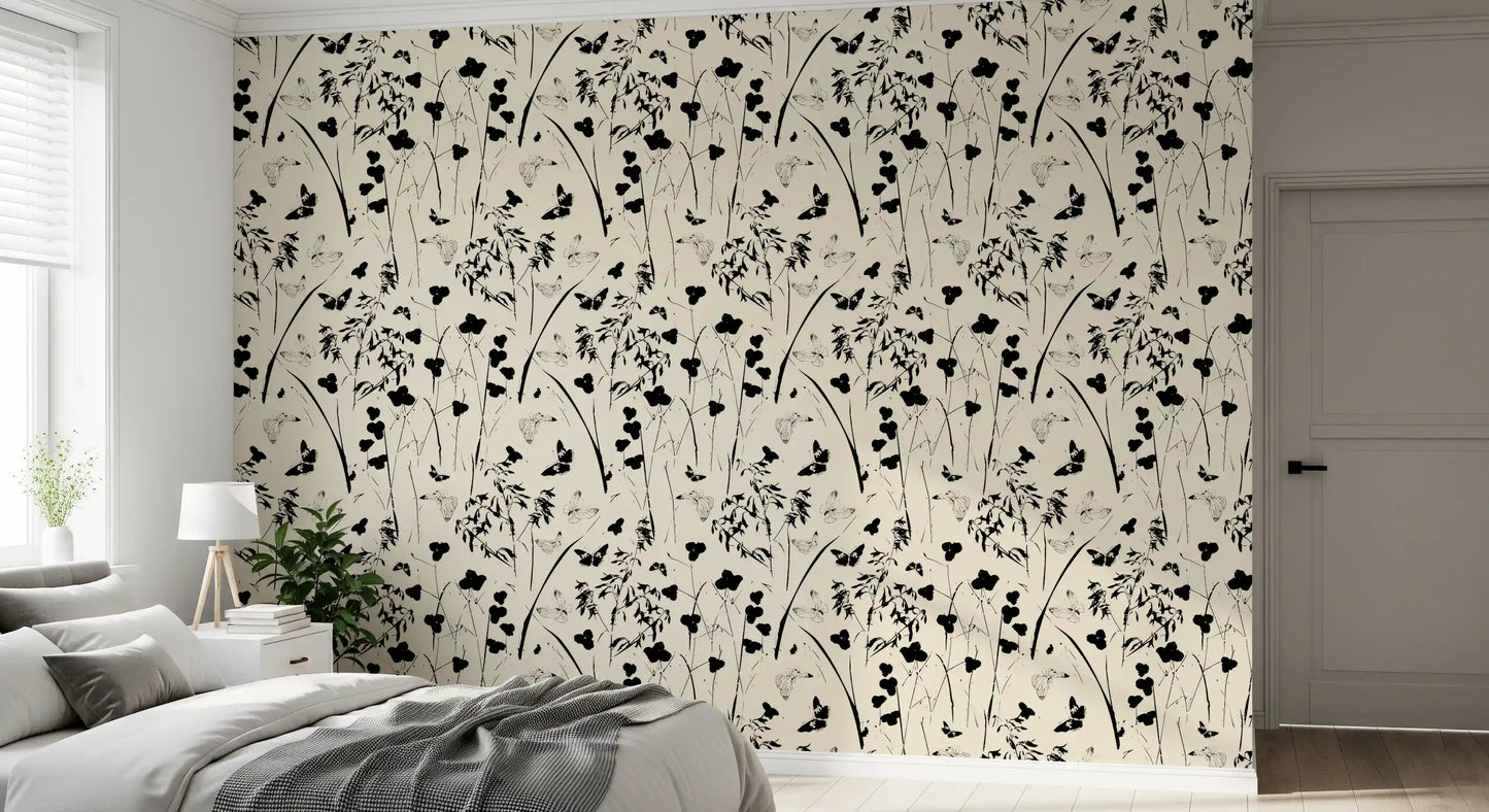 Silhouette Meadow and Butterfly Print Wallpaper⁠