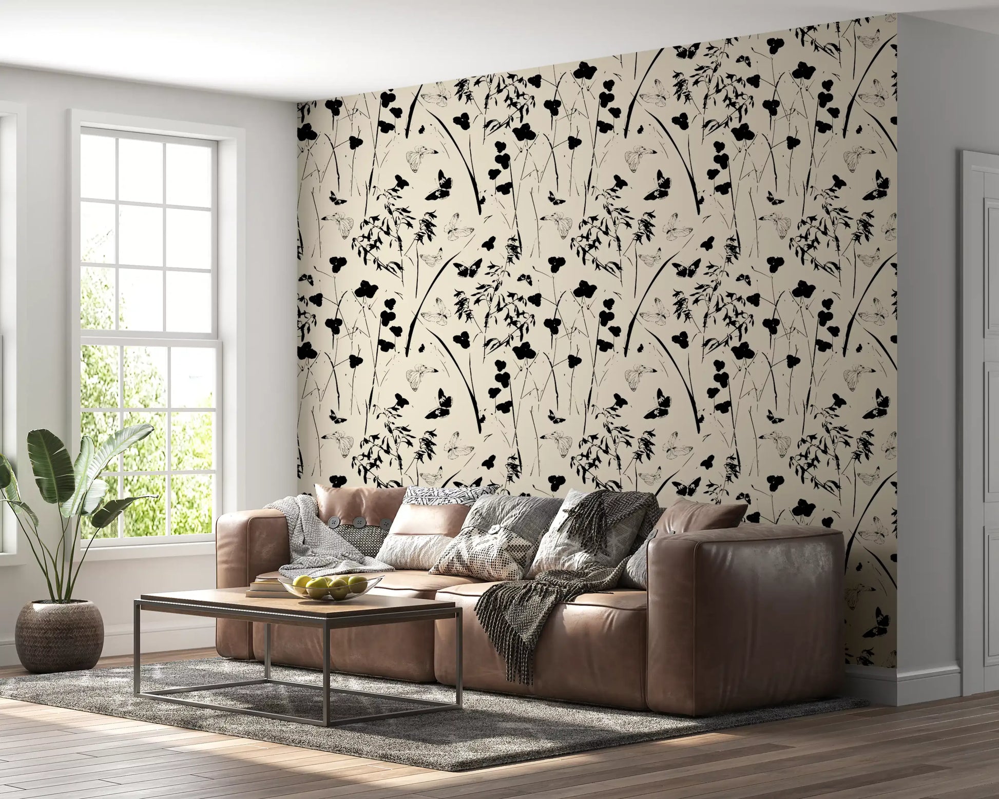 Silhouette Meadow and Butterfly Print Wallpaper⁠