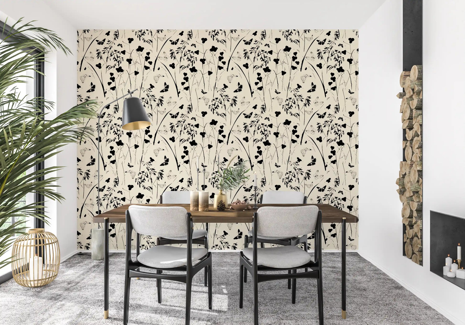Silhouette Meadow and Butterfly Print Wallpaper⁠