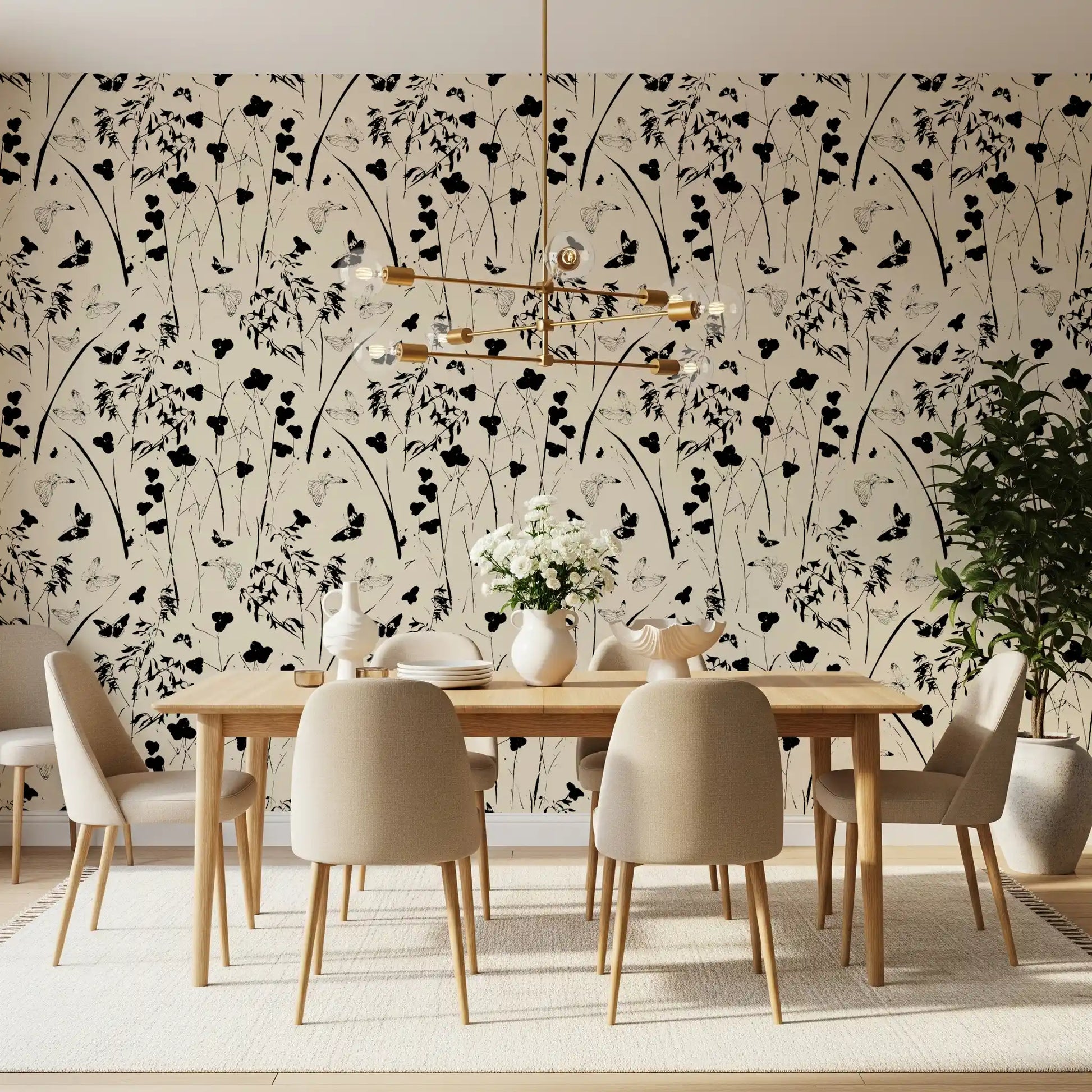 Silhouette Meadow and Butterfly Print Wallpaper⁠