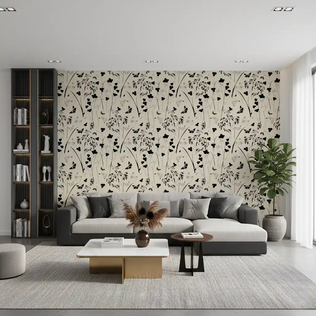 Silhouette Meadow and Butterfly Print Wallpaper⁠