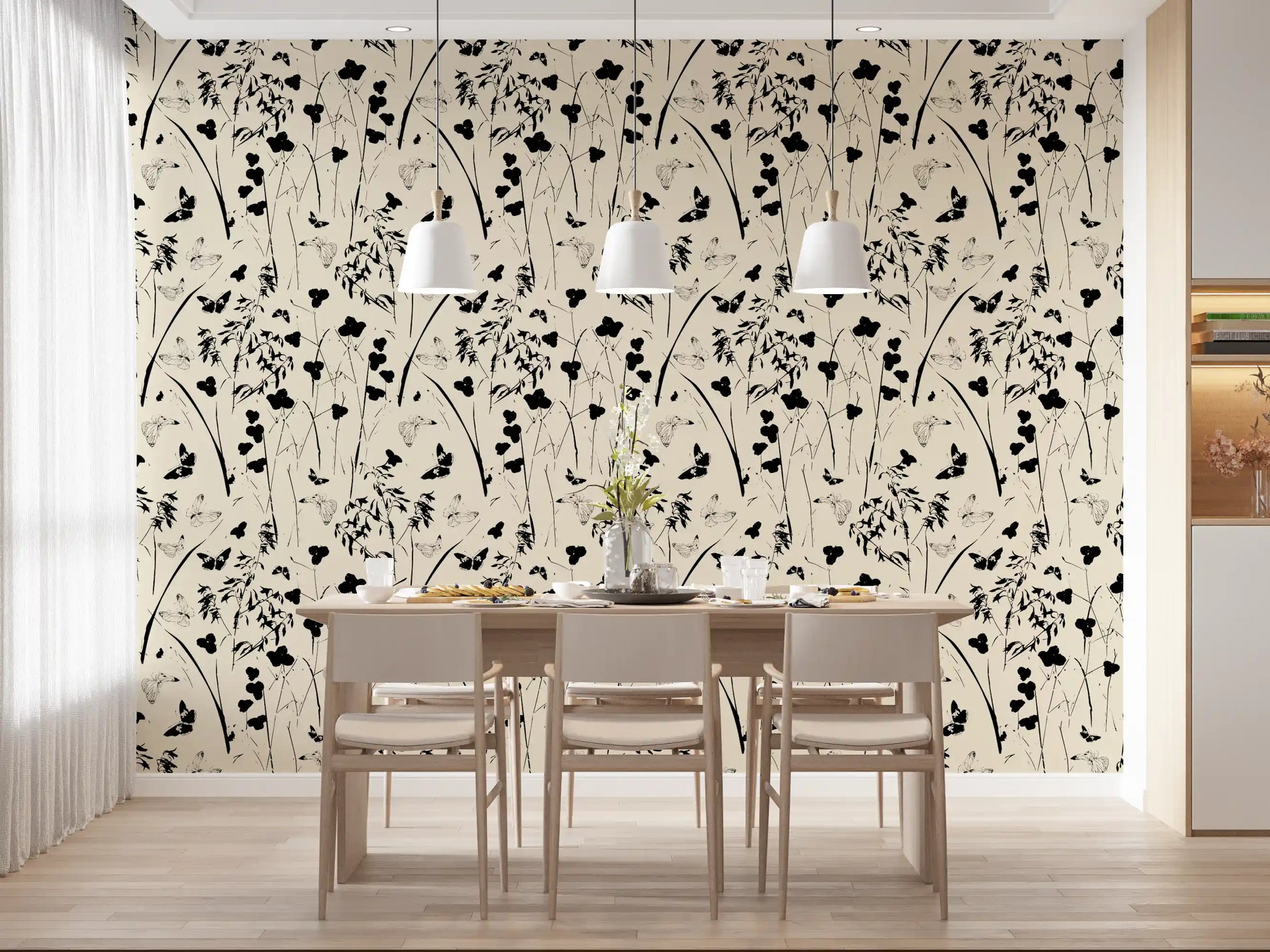 Silhouette Meadow and Butterfly Print Wallpaper⁠