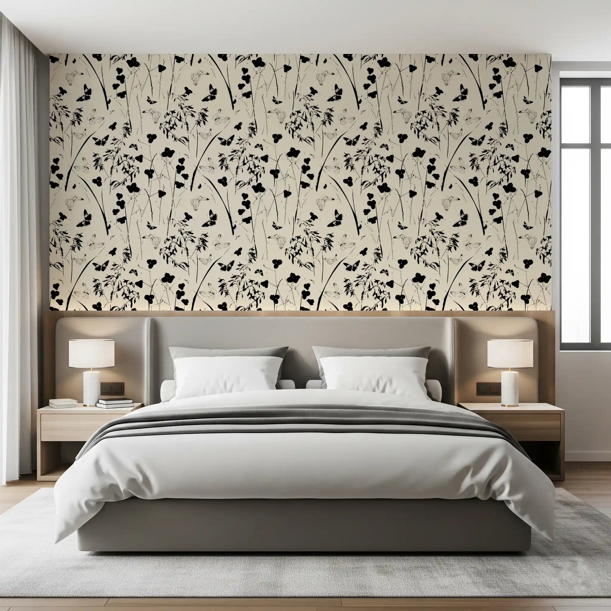 Silhouette Meadow and Butterfly Print Wallpaper⁠