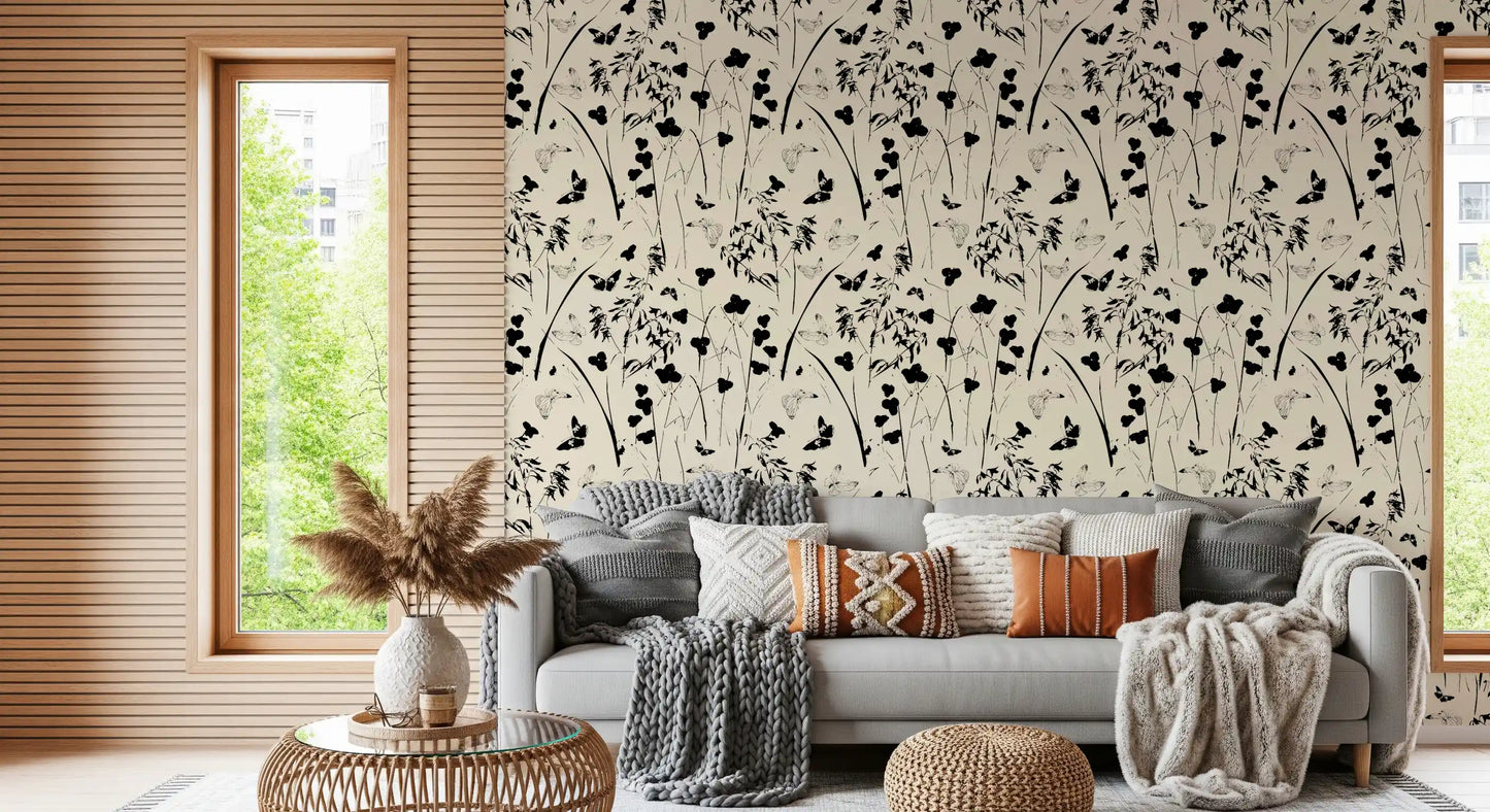 Silhouette Meadow and Butterfly Print Wallpaper⁠
