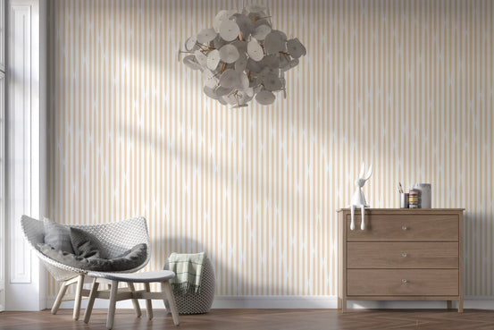 Beige stripe wallpaper in a room with a grey chair and wood dresser GD11969
