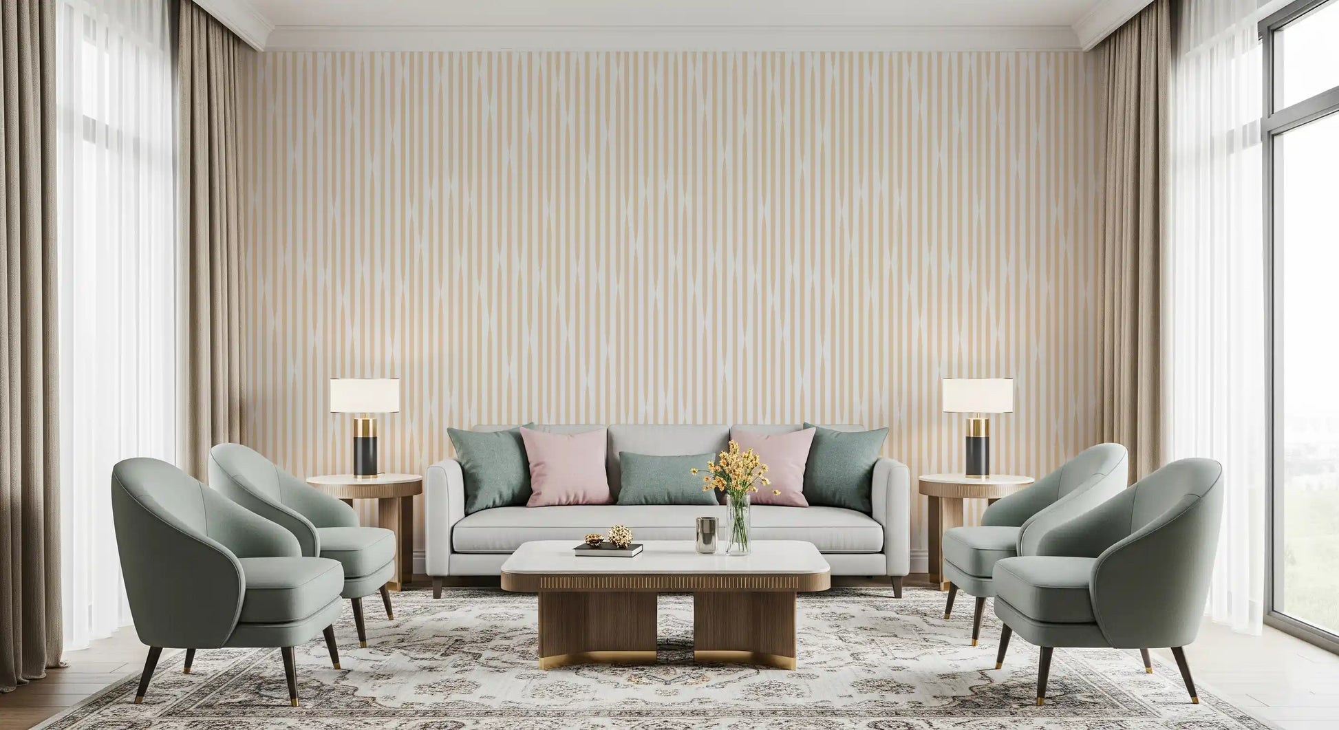 Cream and Beige Interlocking Stripes Wallpaper⁠