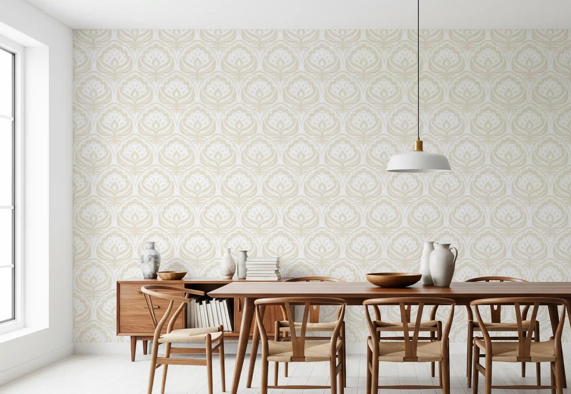 Cream Ogee Damask Pattern Wallpaper⁠