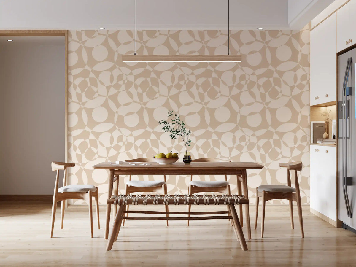 Beige abstract shape wallpaper in a dining room with a wooden table and bench GD11971