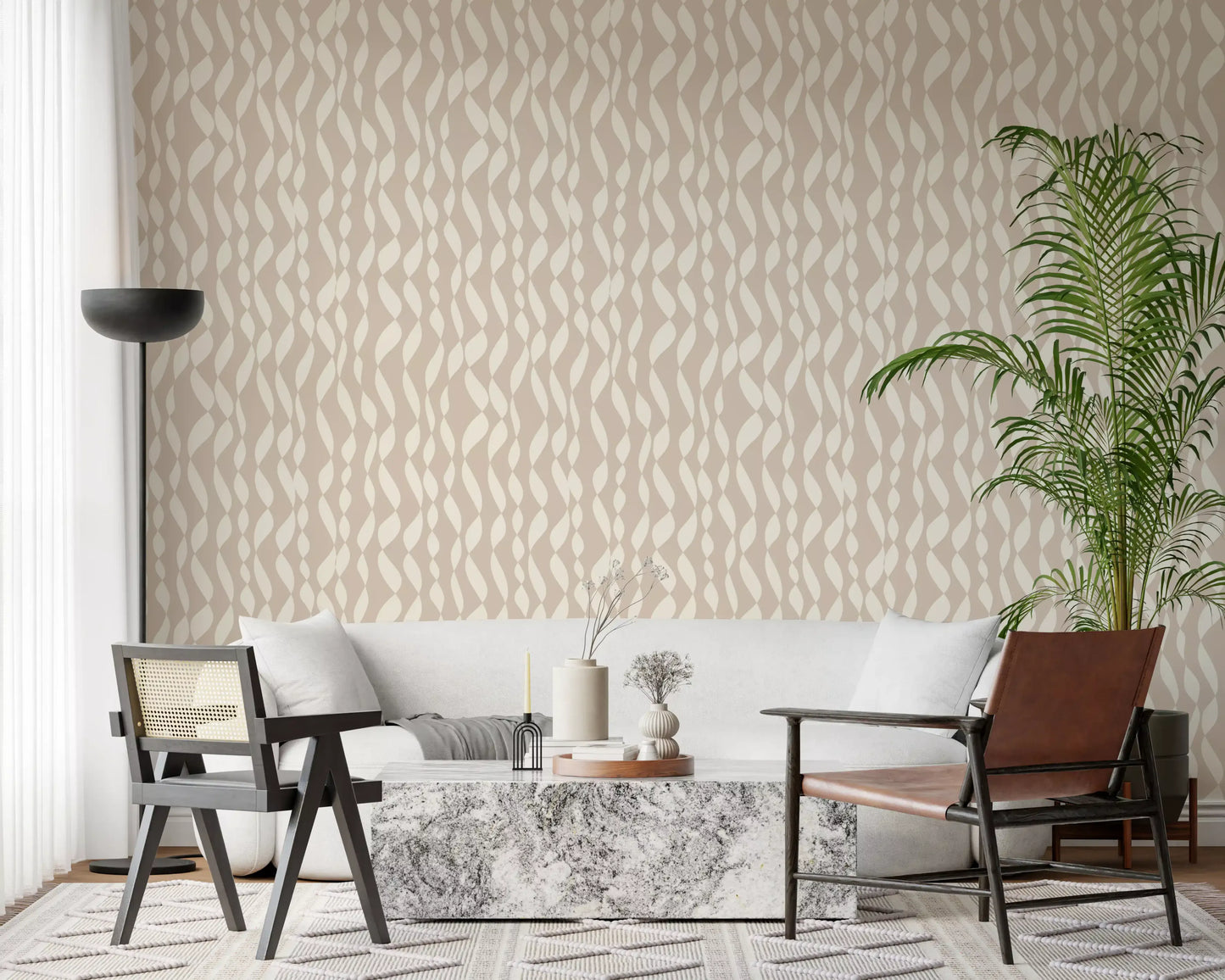 Cream Wavy Ribbon Pattern Wallpaper⁠