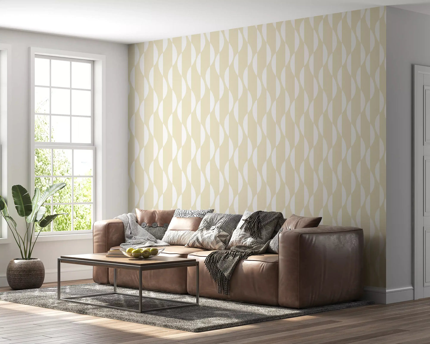 Cream and White Wavy Line Geometry Wallpaper⁠