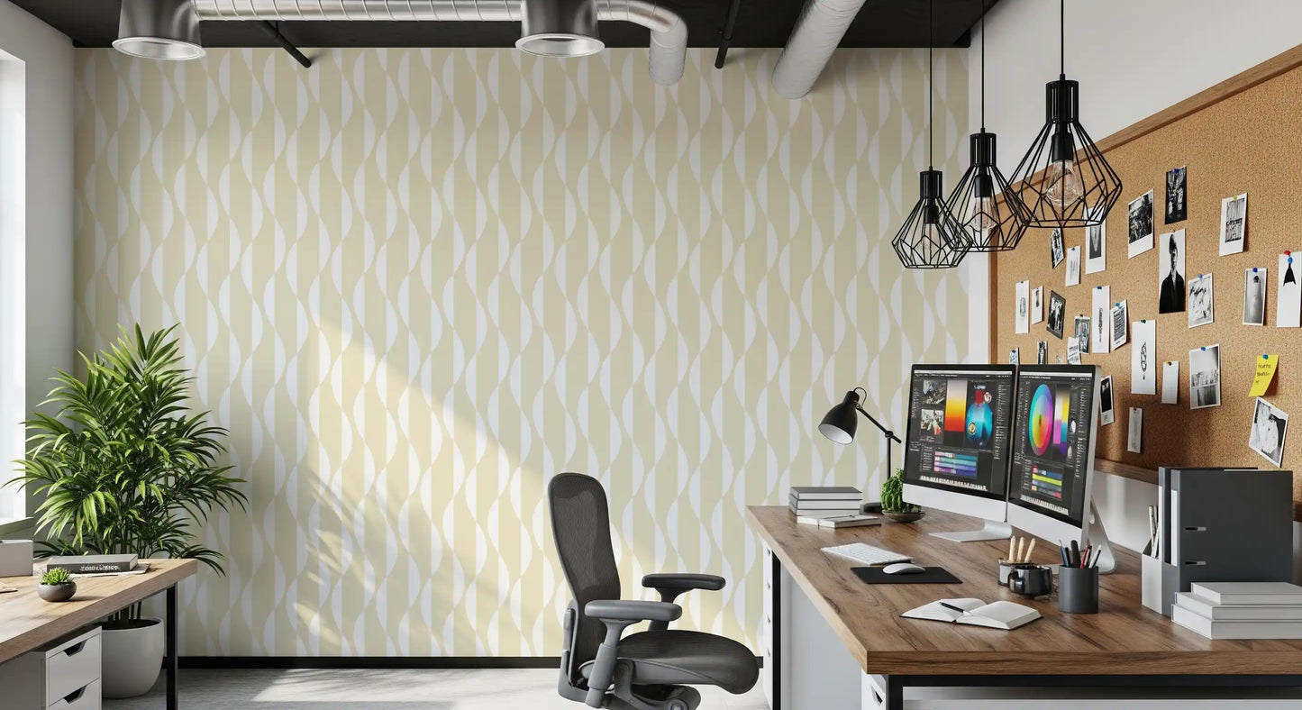 Cream and White Wavy Line Geometry Wallpaper⁠