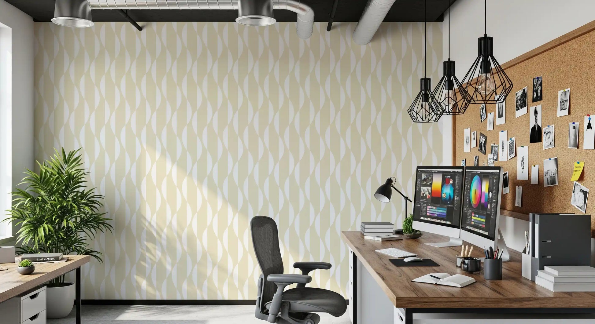 Cream and White Wavy Line Geometry Wallpaper⁠