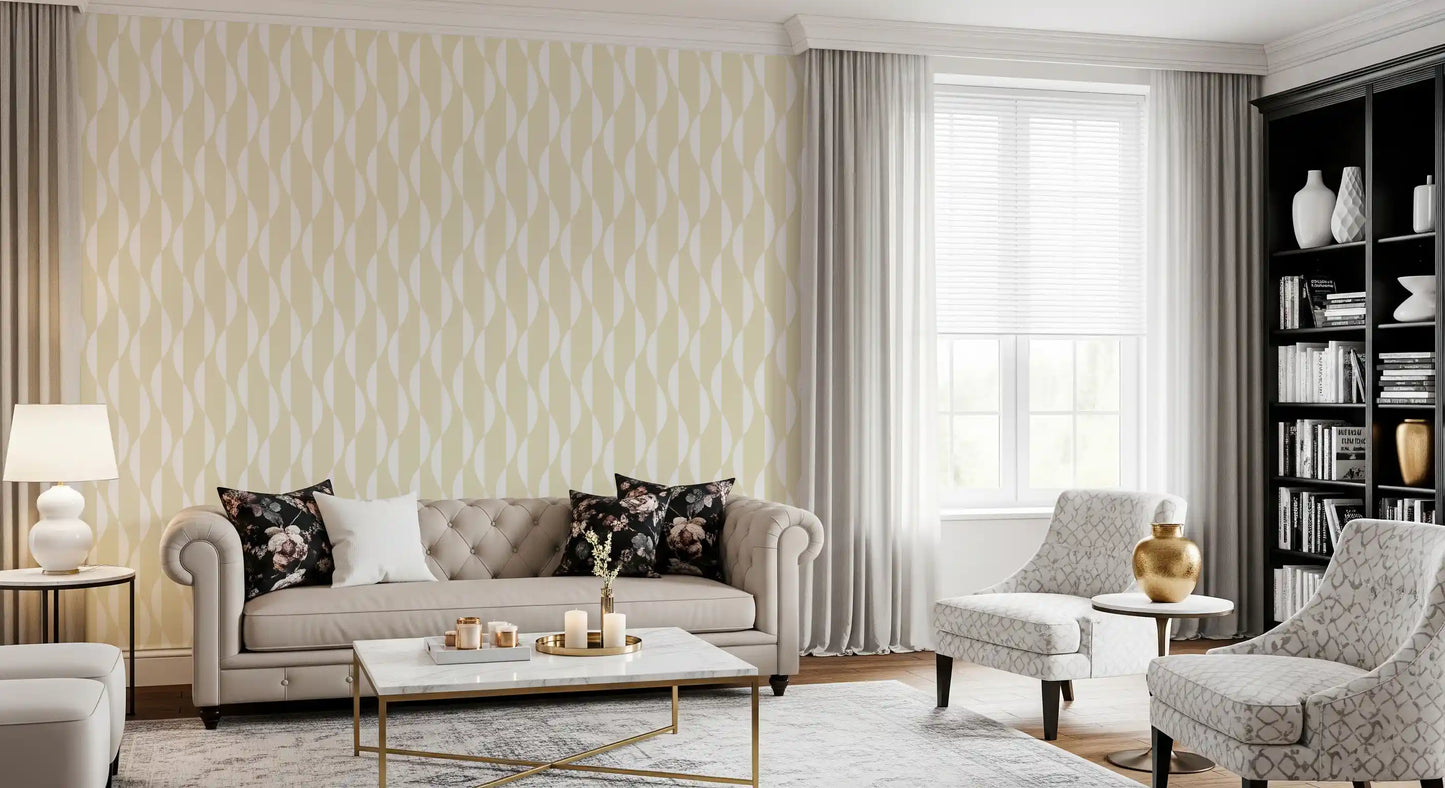 Cream and White Wavy Line Geometry Wallpaper⁠