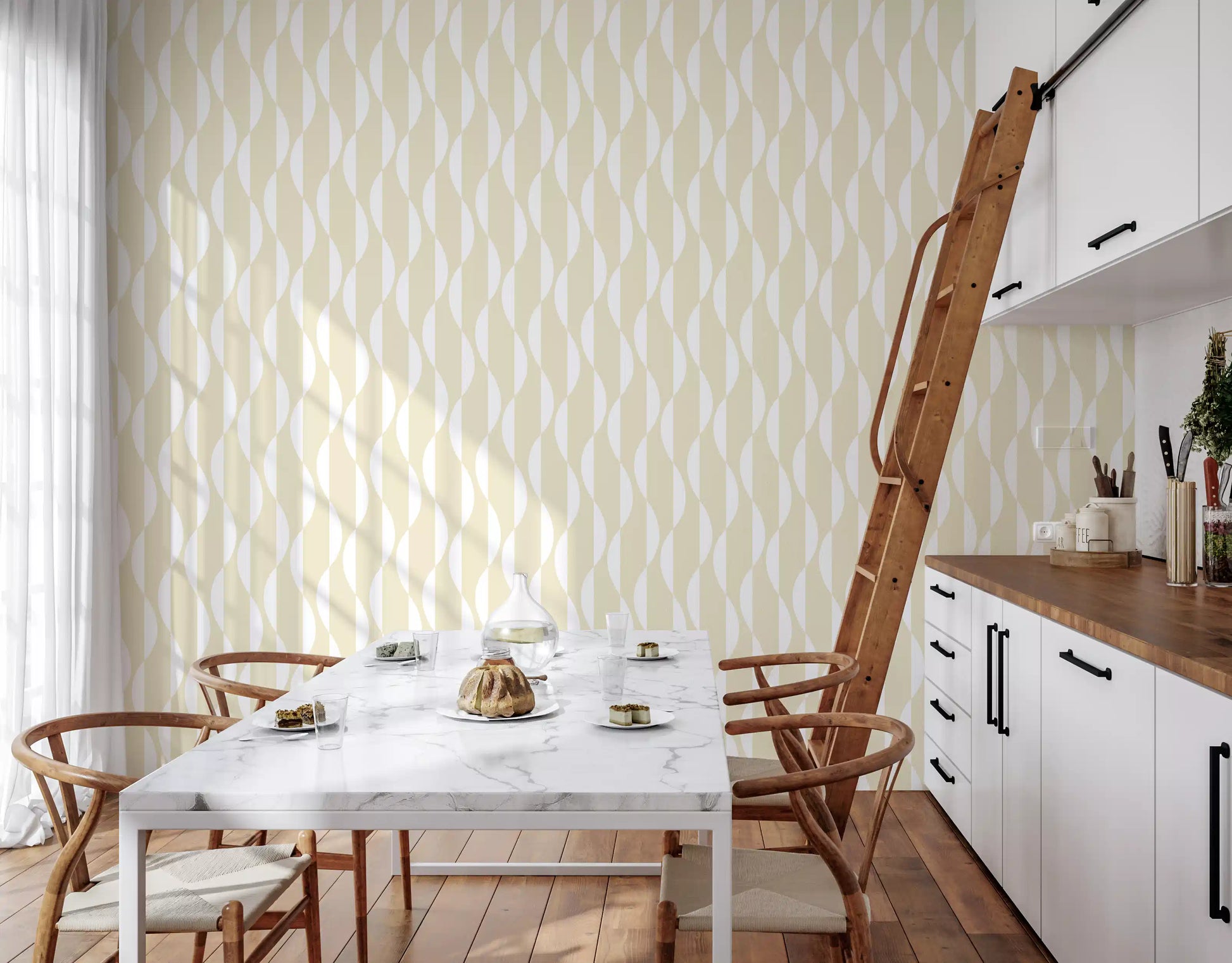 Cream and White Wavy Line Geometry Wallpaper⁠