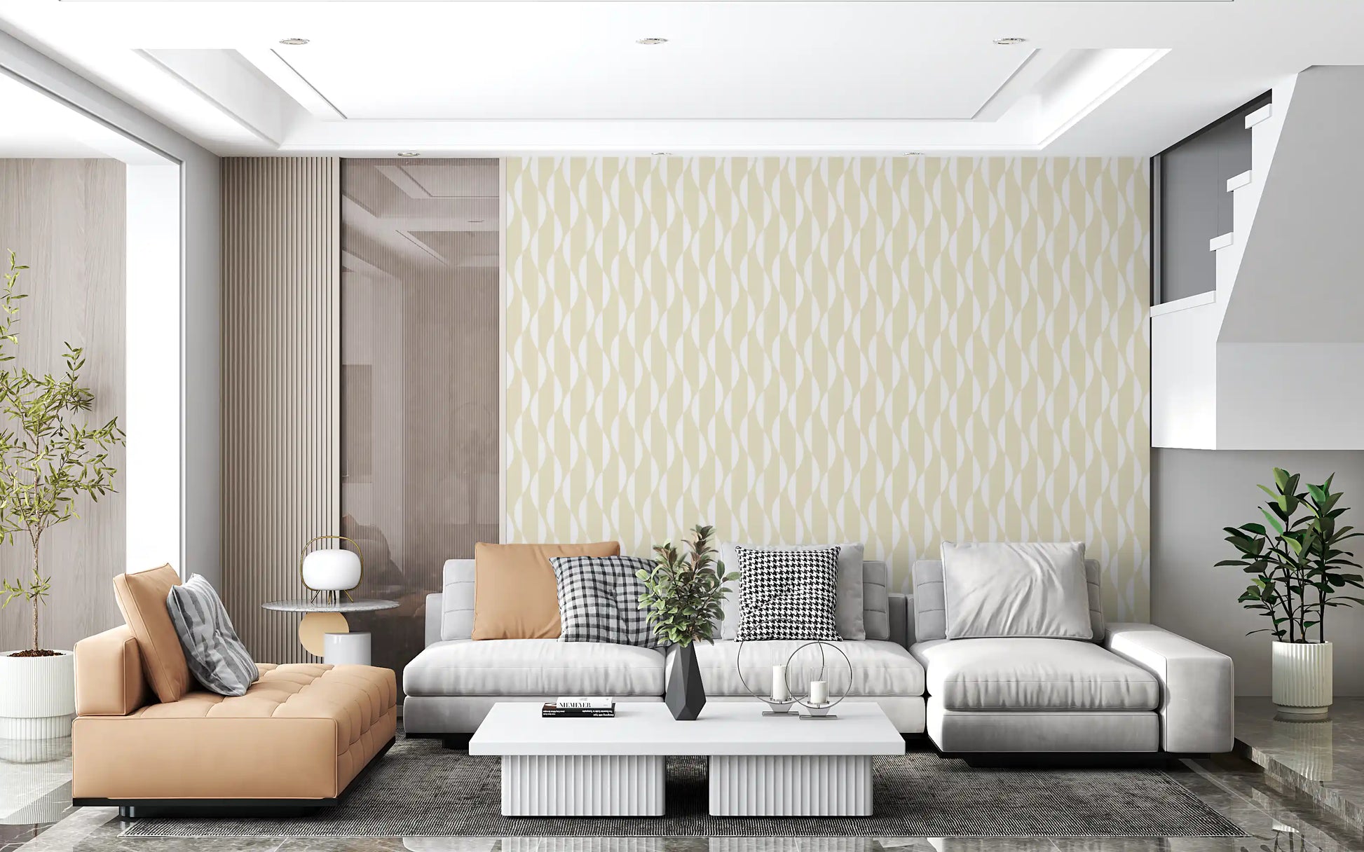 Cream and White Wavy Line Geometry Wallpaper⁠