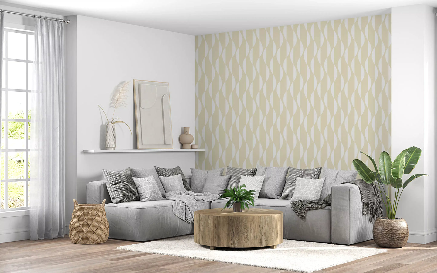 Cream and White Wavy Line Geometry Wallpaper⁠