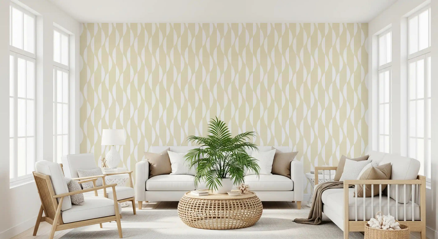 Cream and White Wavy Line Geometry Wallpaper⁠