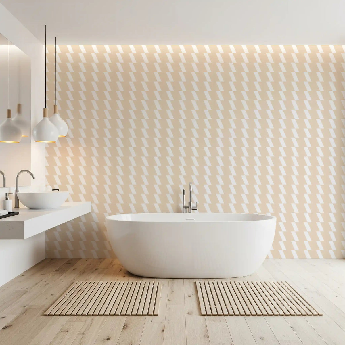 Cream diagonal flow wallpaper in a bright bathroom GD11986