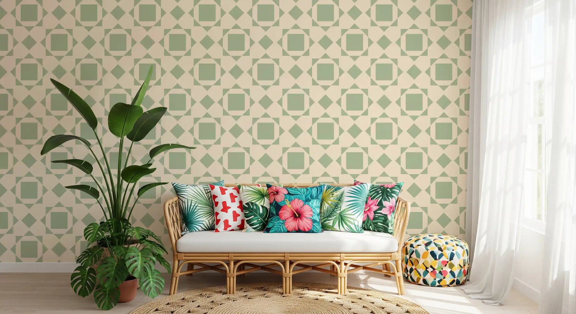 Sage Geometric Interlocking Squares Wallpaper⁠