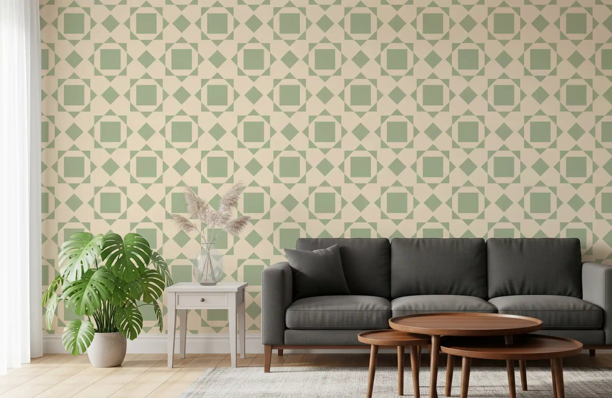 Sage Geometric Interlocking Squares Wallpaper⁠