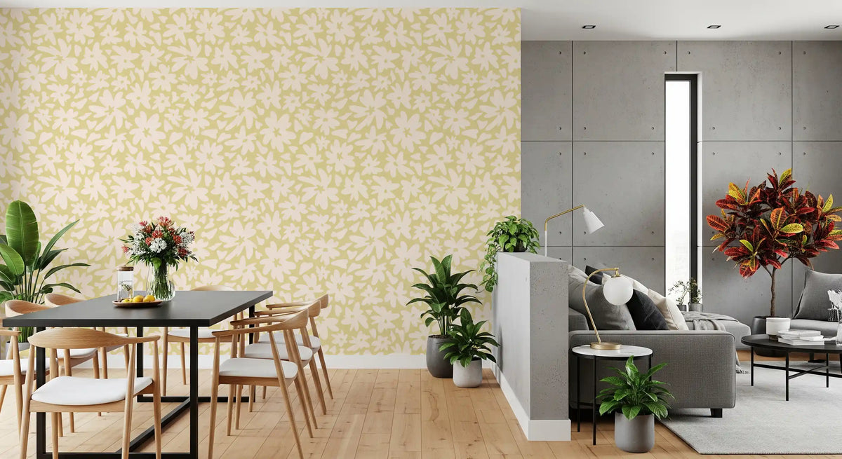 Yellow floral petal wallpaper in an open dining and living room GD11997