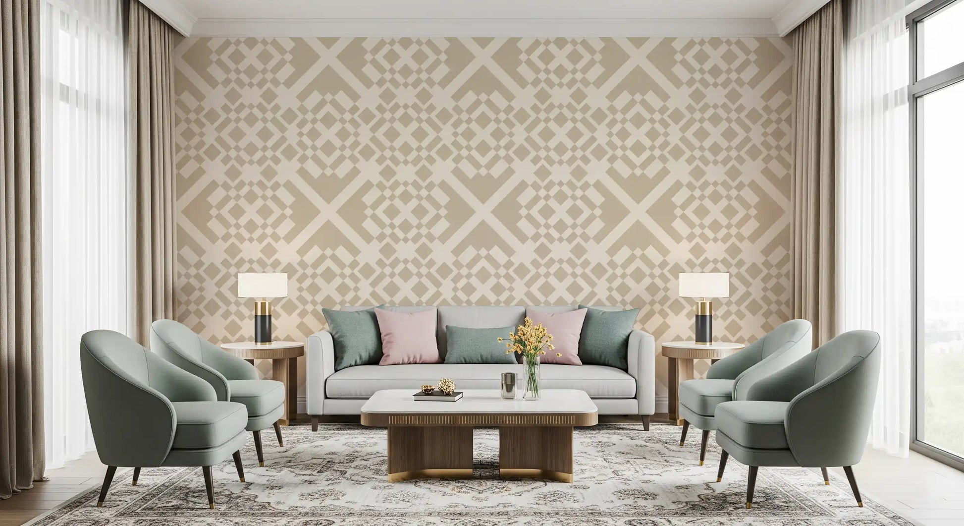 Minimalist Beige Geometric Lattice Wallpaper⁠