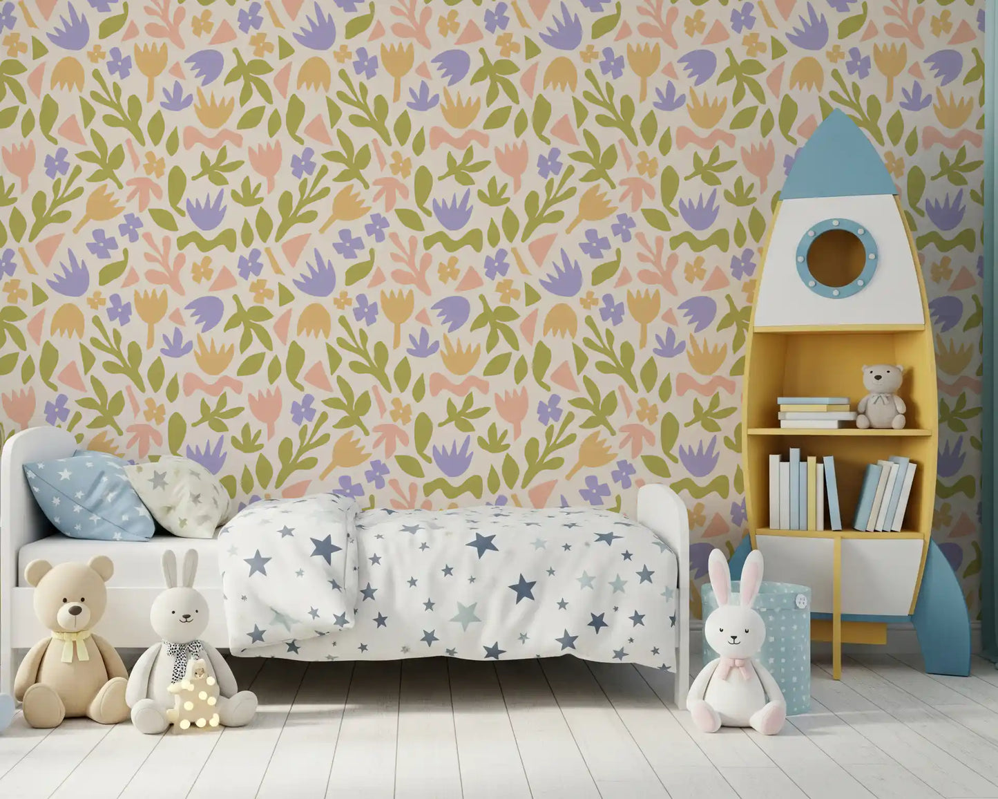 Pastel Botanical Folk Art Shapes Wallpaper⁠