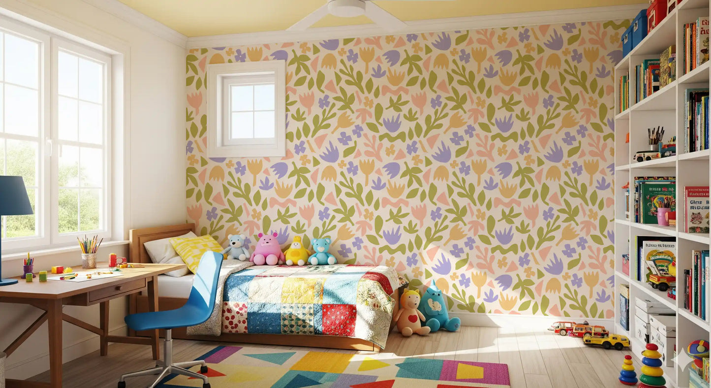 Pastel Botanical Folk Art Shapes Wallpaper⁠