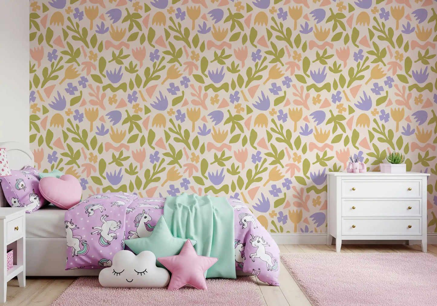 Pastel Botanical Folk Art Shapes Wallpaper⁠